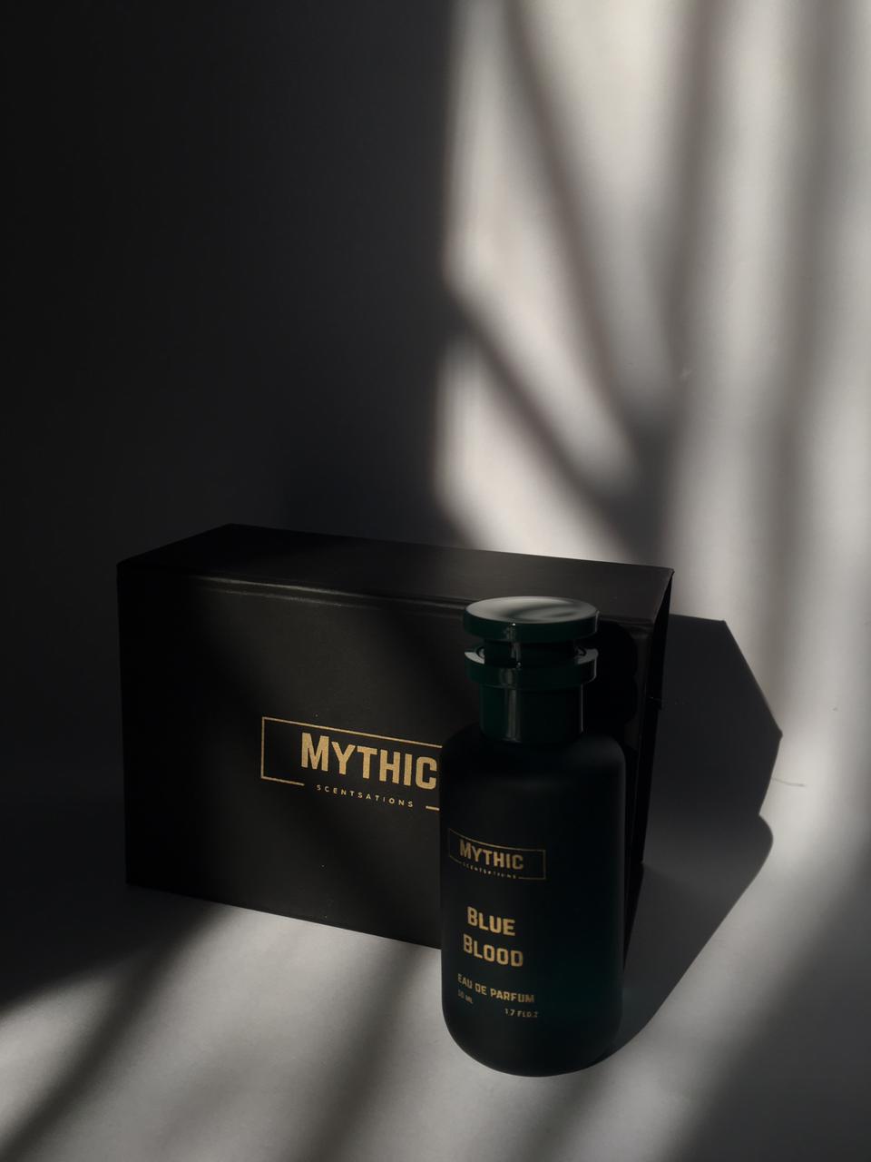 Black bottle labeled 'Mythic' with a matching box on a dark background