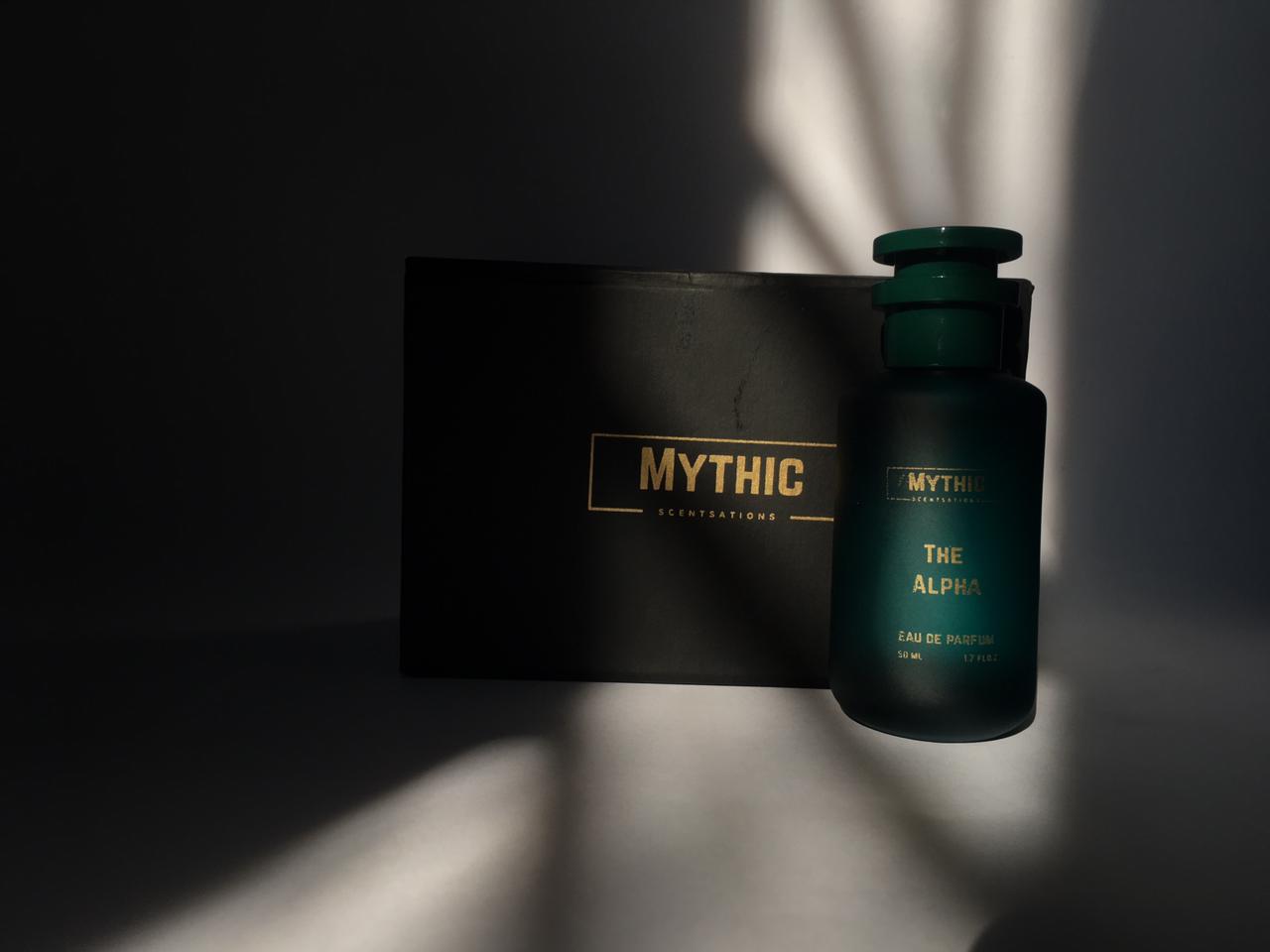 Perfume bottle labeled 'Mythic' on a dark background