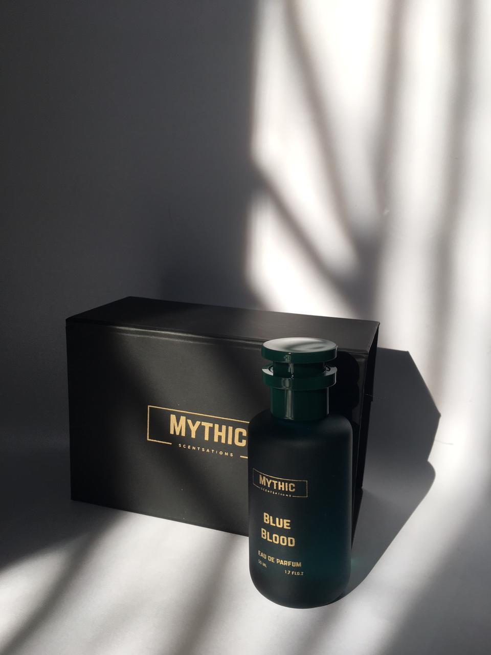MYTHIC perfume bottle and packaging on a dark background