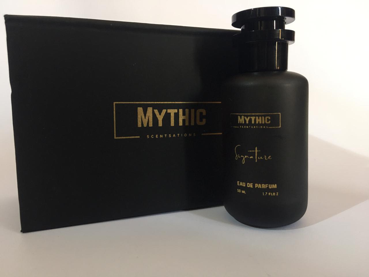Black perfume bottle and packaging with 'Mythic' branding on a white background