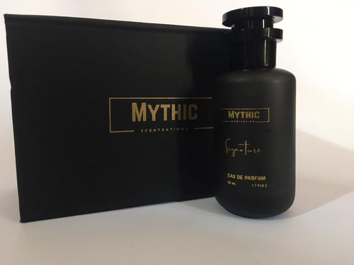 Black perfume bottle and packaging with 'Mythic' branding on a white background
